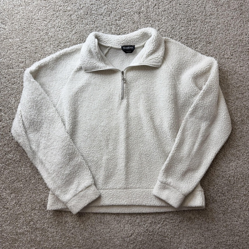Bebe Sweater Womens Large White Mock Neck Sherpa Fleece 1/4 Zip Pullover Logo